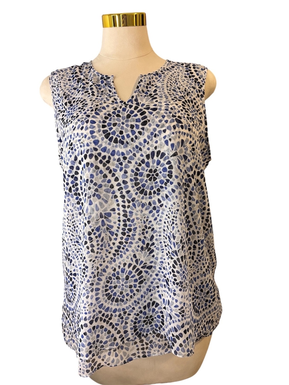 Cristina B Womens Large Blue White Mosaic Paisley Sleeveless Blouse Tank Top